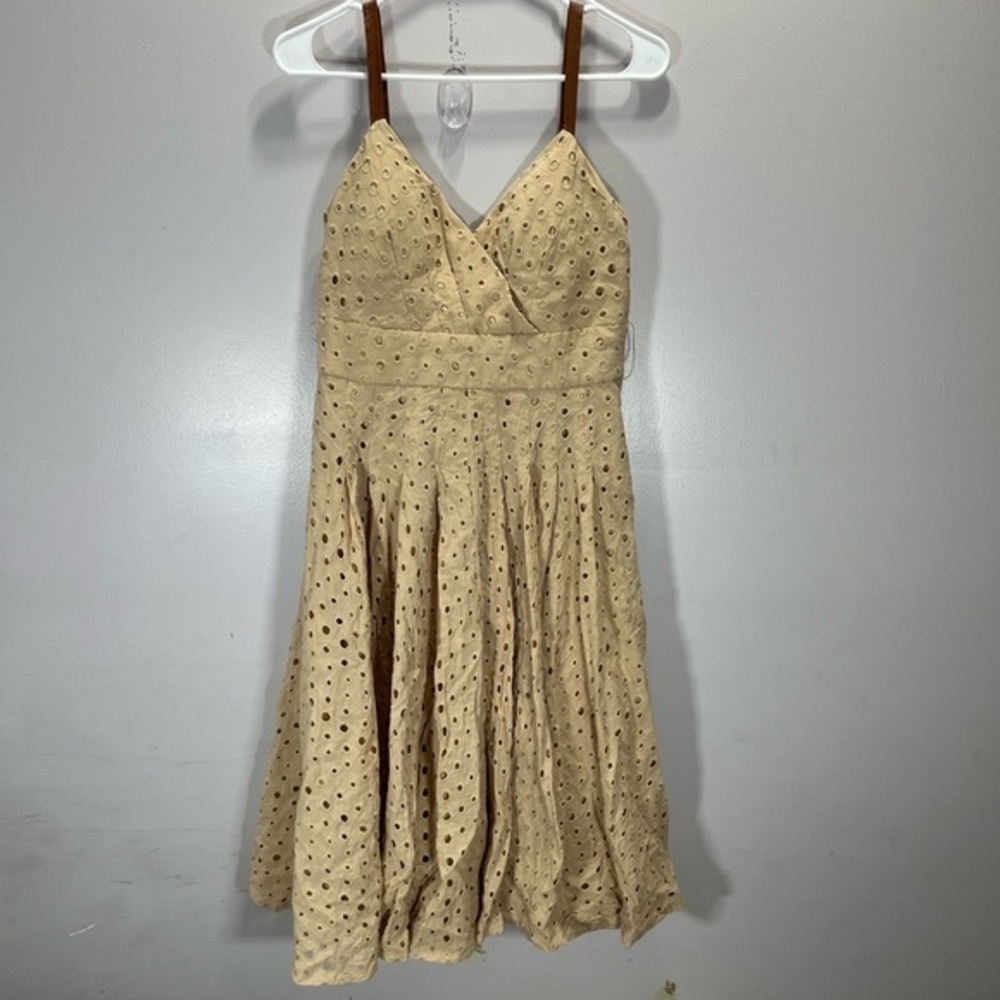 Venus Women’s Bohemian Cottagecore Style Beige Eyelet V Neck Fit And Flare Dress - Picture 3 of 12